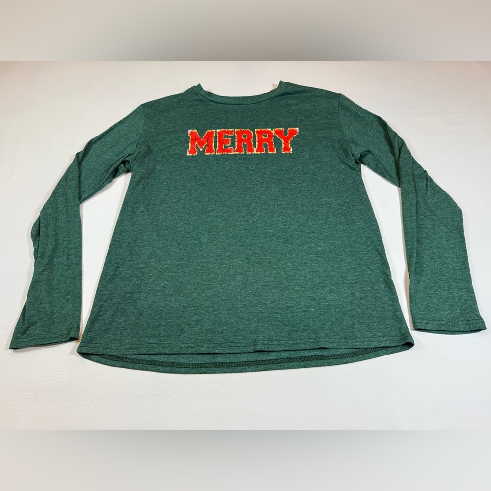 "Merry" Green Long Sleeve Cotton Blend Christmas T-Shirt Adult large (bin B)